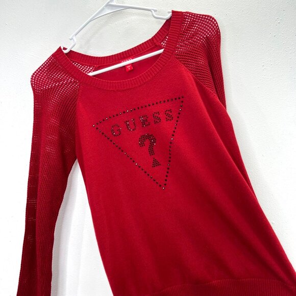 Guess Sweater S Women Red Pullover Triangle Logo Rhinestone Accents Crochet Arms - Picture 2 of 8